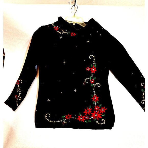 Vintage Kikit Black Christmas Sweater Red Poinsettia Embroidery Beaded Accents H - Picture 1 of 8
